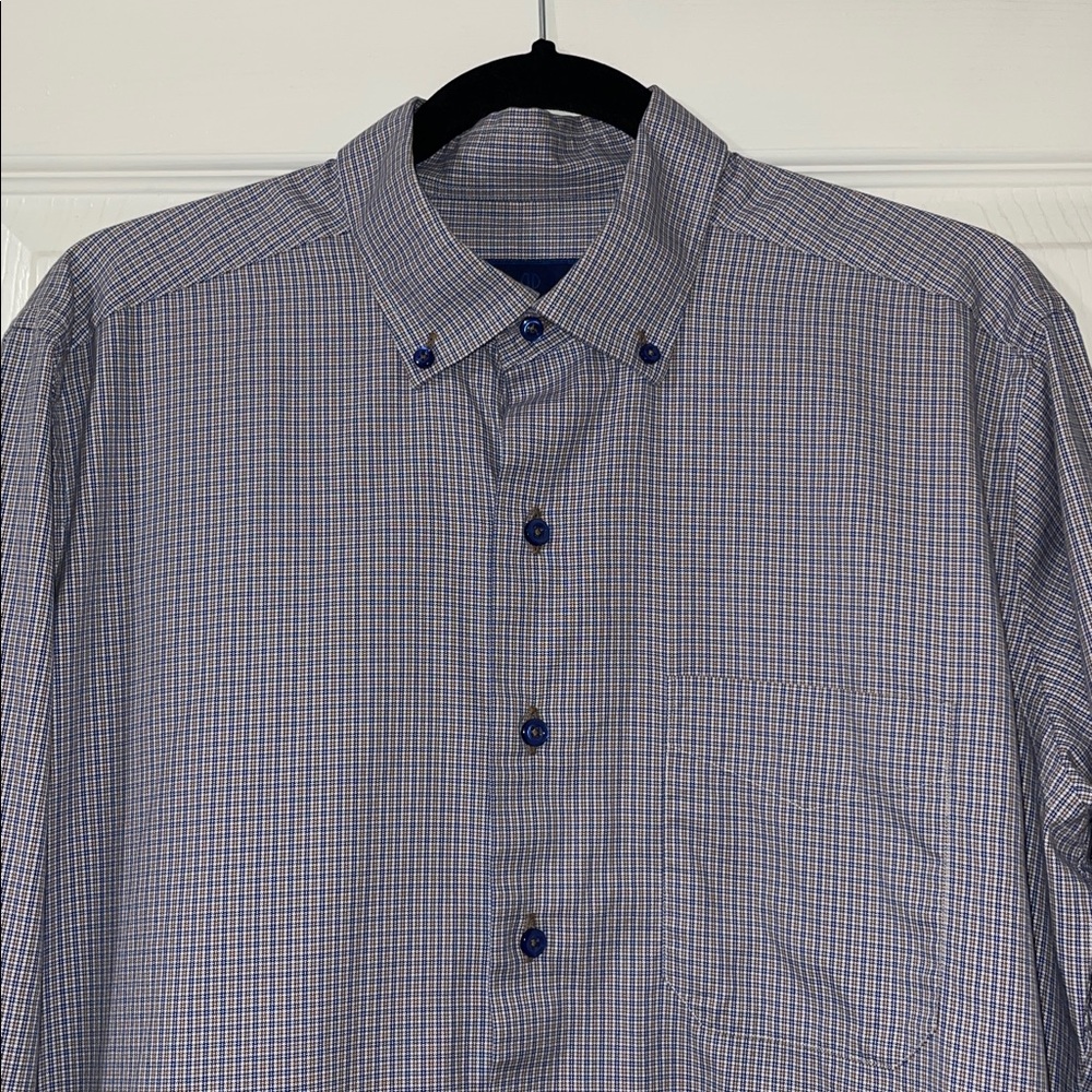 David Donahue Men's White, Tan, and Blue Plaid Shirt